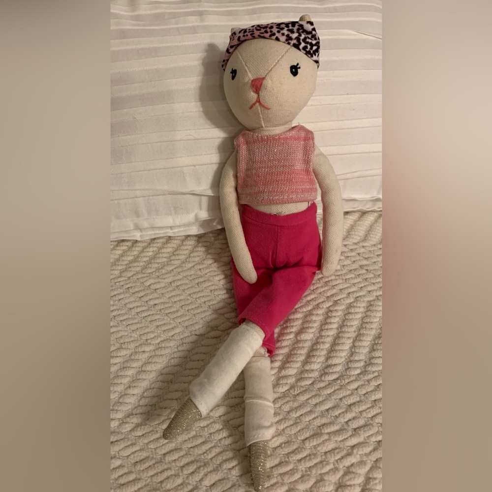 Anthropology Pink and White Plush Cat Doll With Leopard Headband 15 Inches